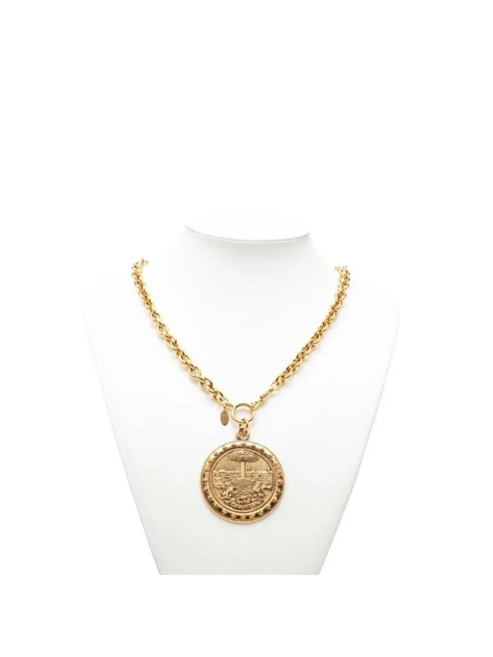 Chanel CC Logo Palm Tree Lion Medal Chain Pendant Gold Plated